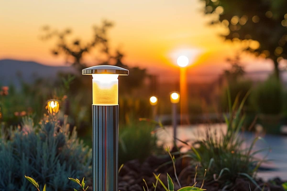 Balises solaires chaudes le long d’une allée de gravier dans un jardin