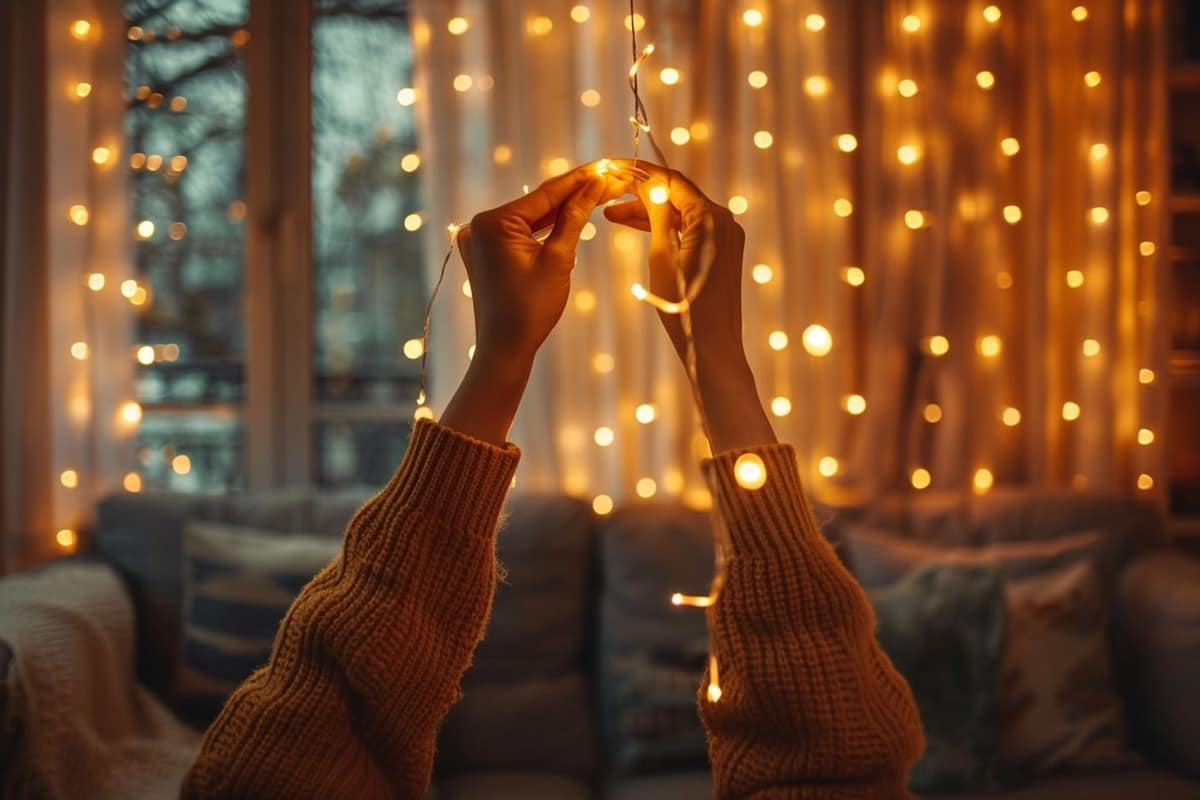 Guirlande LED blanc chaud fixée avec crochets transparents sur un mur de salon