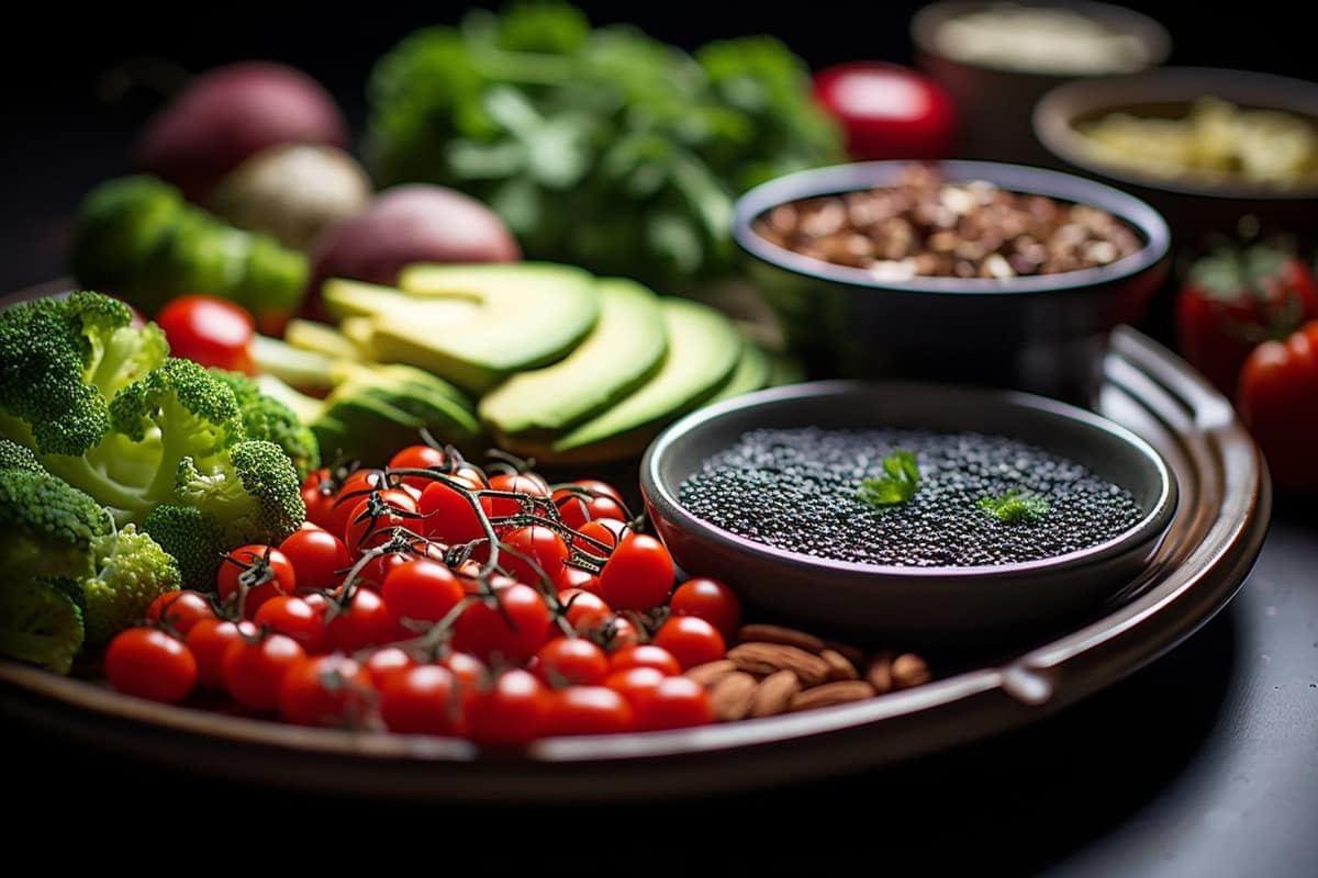 Bol végétarien de quinoa, lentilles, tofu, épinards et graines de lin
