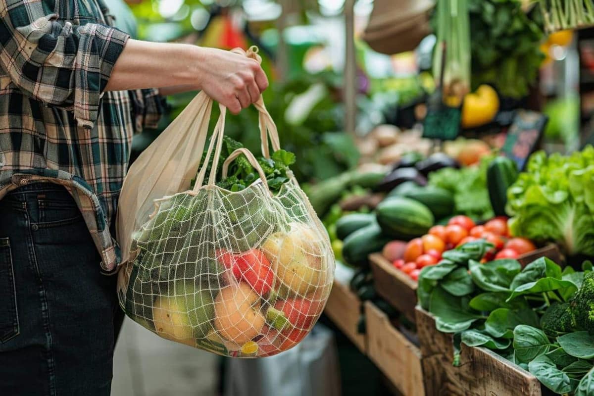 Bocaux, sacs en tissu et composteur de cuisine sur un plan de travail