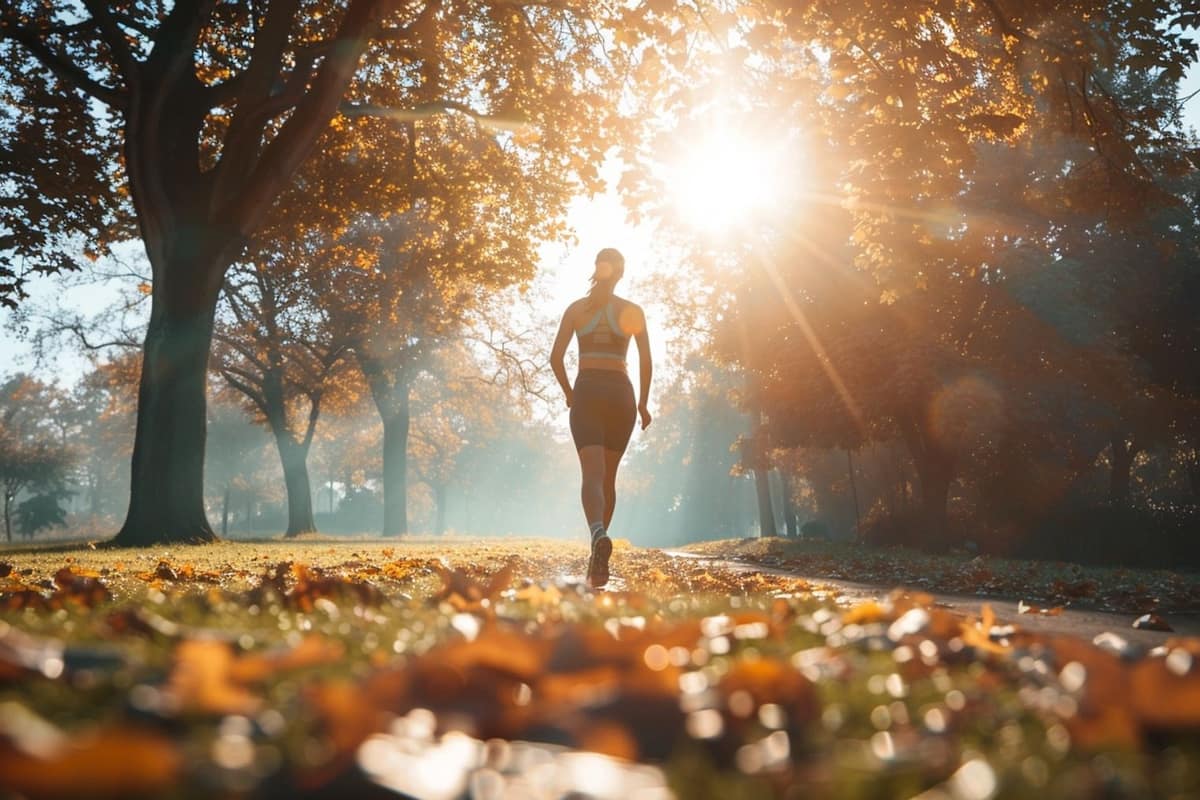 Marcheuse de dos sur un chemin urbain arboré avec chaussures de sport