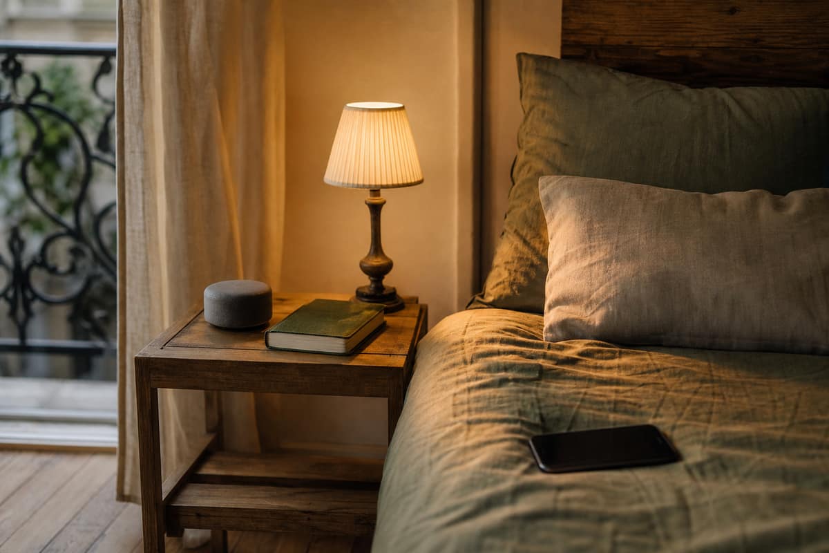 Petite enceinte près d’un lit pour un rituel musical apaisant