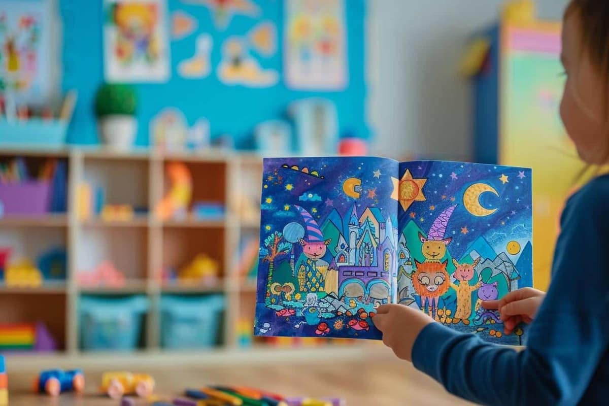 Mains d’enfant coloriant une fiche codée avec des crayons de couleur