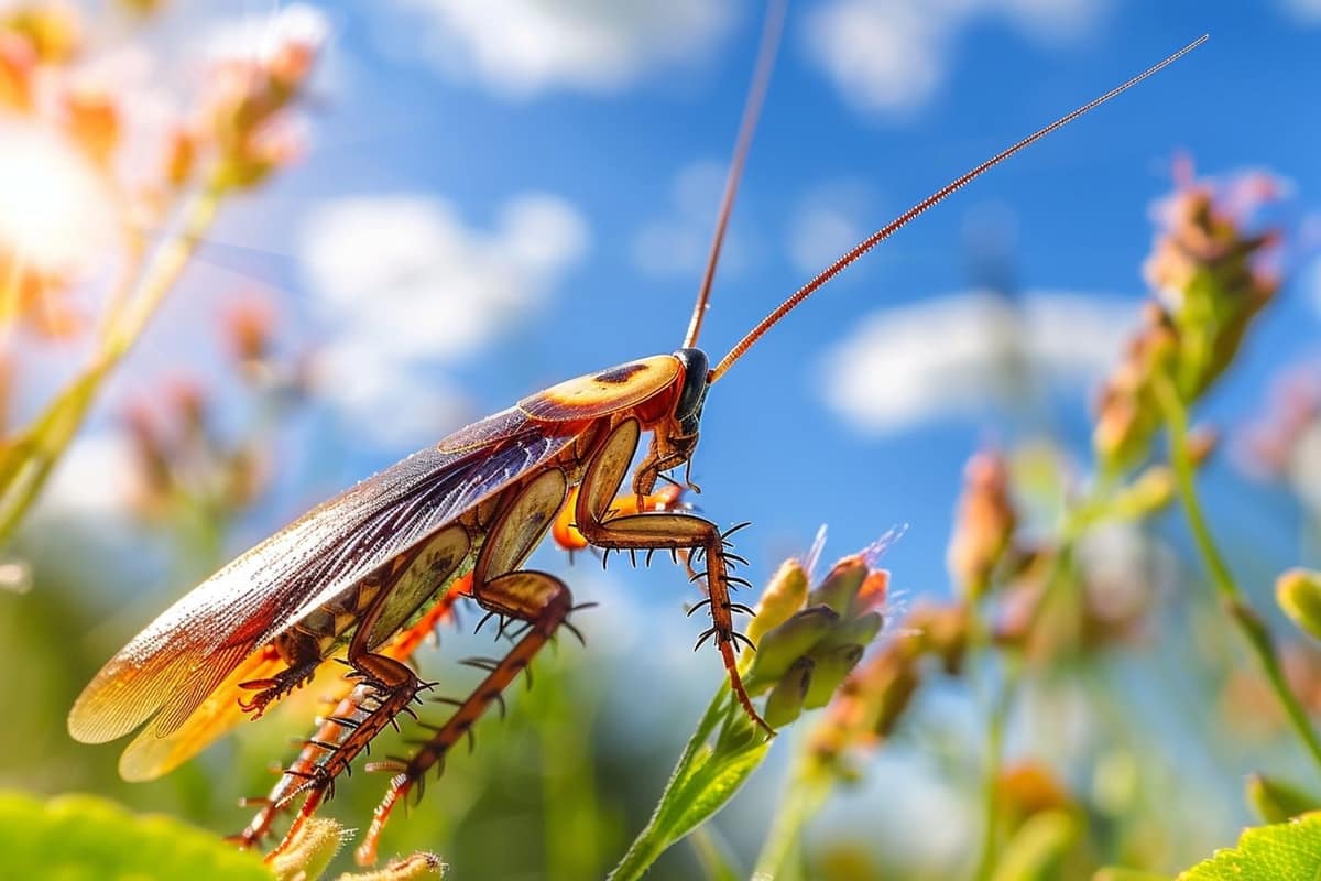 Petite blatte de jardin brune sur feuilles humides et paillage végétal