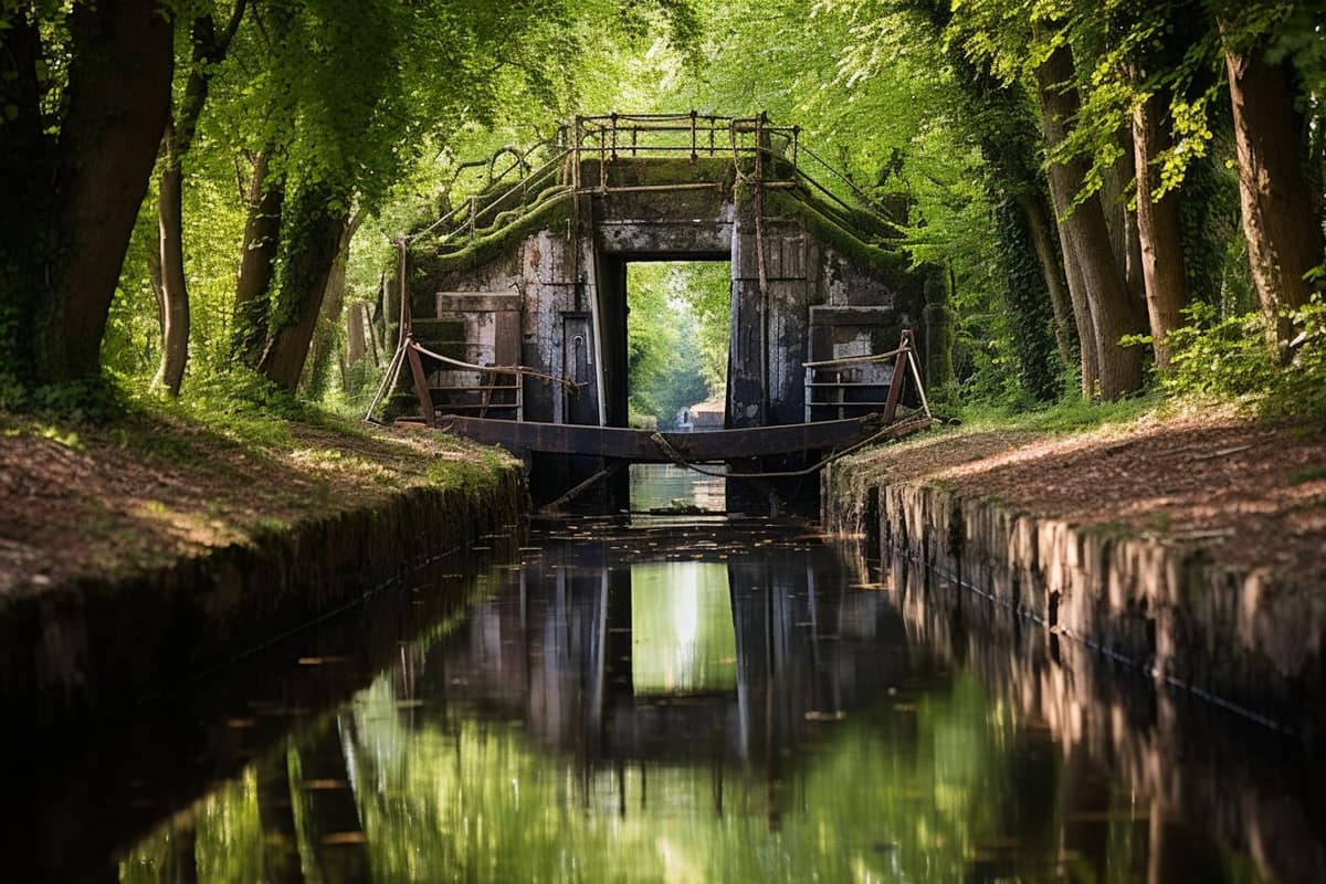 Bateau de location dans une écluse en pierre du Canal du Midi