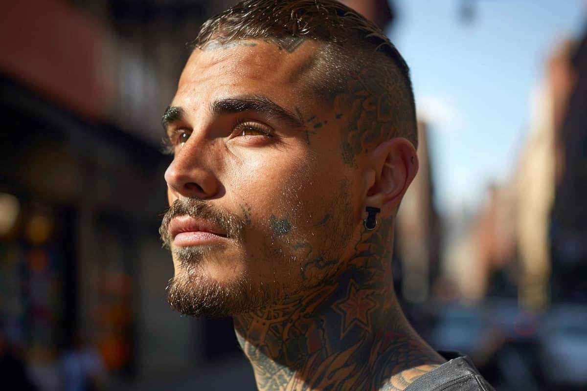 Tatoueur réalisant un motif fin sur le côté d’un cou adulte