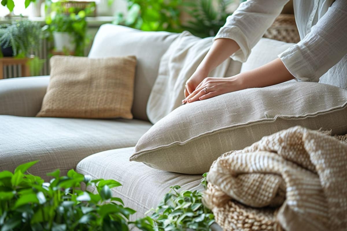 Pose d’une housse beige sur l’angle intérieur d’un canapé avec méridienne