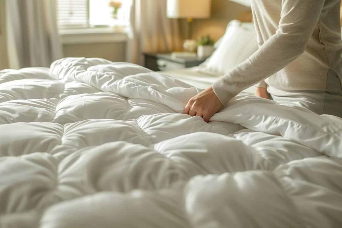 Housse de couette retournée et couette alignée sur un lit avant roulage