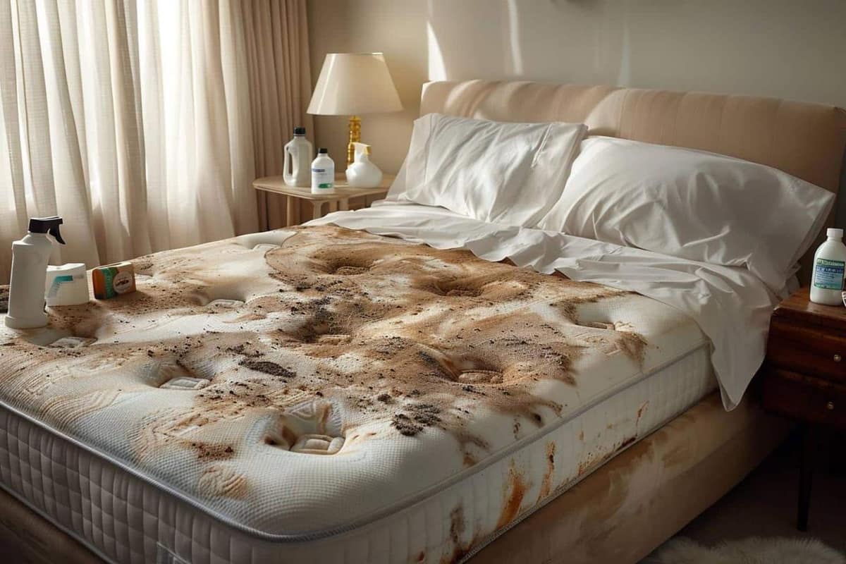 Mains gantées épongeant une petite tache sur un matelas blanc