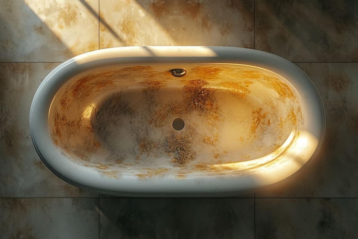 Dépôt de calcaire sur baignoire émaillée traité avec papier absorbant humide