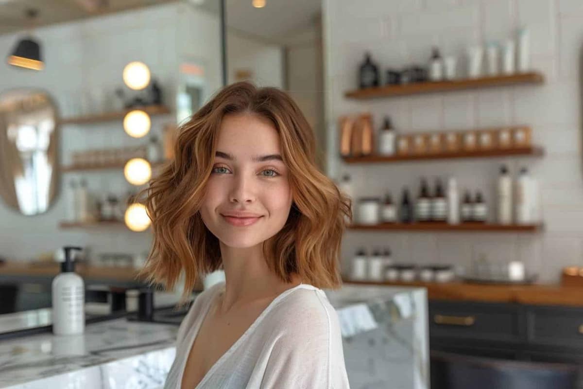 Cheveux mi-longs ondulés et brillants coiffés devant une coiffeuse en bois clair