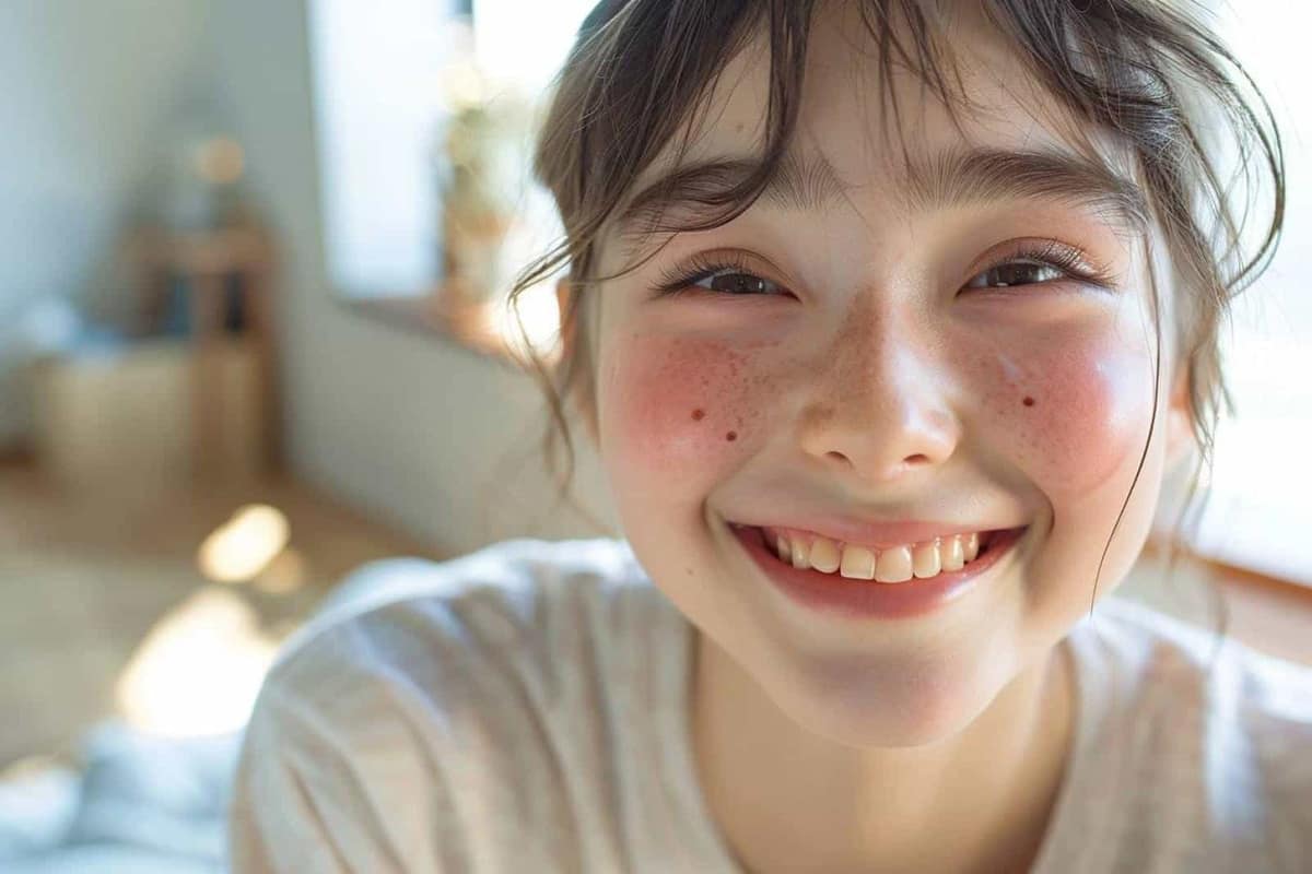 Main appliquant un fard brun discret sur une joue souriante devant un miroir