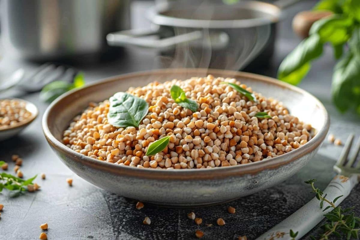 Sarrasin cuit en grains dans une casserole avec légumes et herbes fraîches