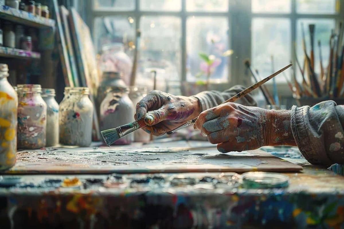 Échantillons de gris, pots de peinture et rouleau sur une table de bricolage