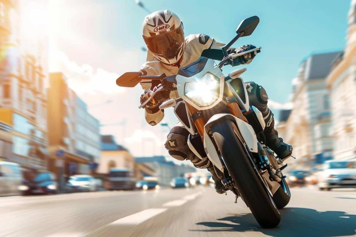 Élève motard équipé devant une moto et des cônes sur un plateau d’entraînement