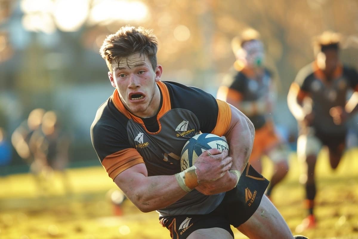Joueur de rugby réalisant un sprint entre des plots sur terrain en herbe