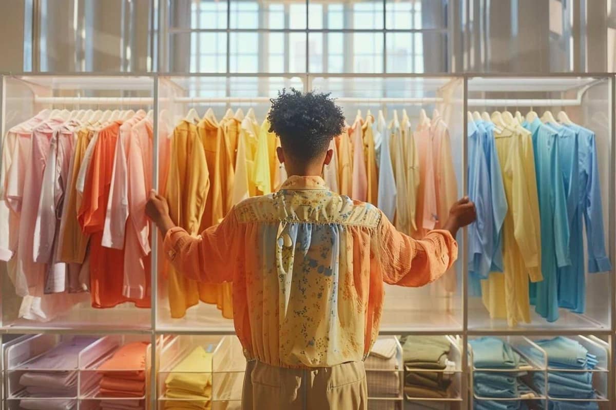 Penderie en bois avec vêtements rangés par catégories et dégradés de couleurs