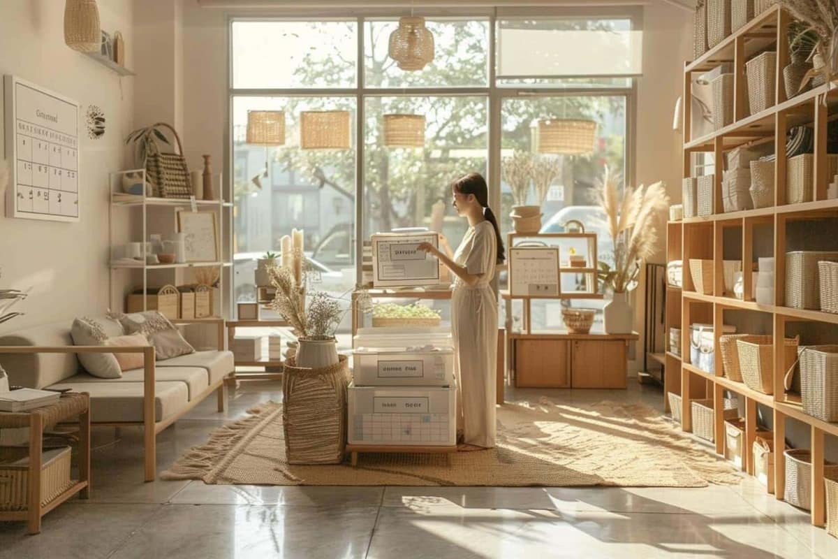 Entrée organisée avec crochets, paniers de rangement et vide-poche en bois