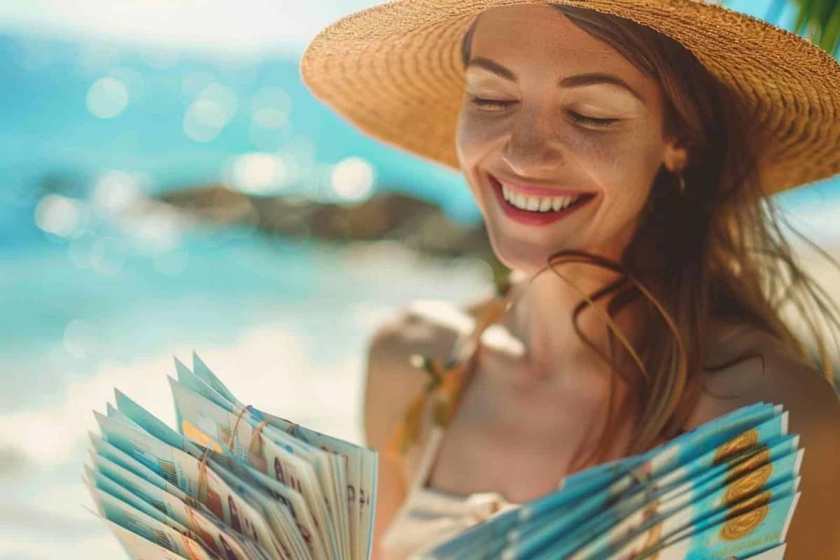 Chèques-vacances, smartphone et préparation d’un séjour sur une table en bois