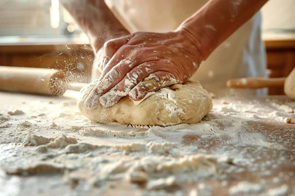 Mains pétrissant une pâte à pain sur un plan de travail fariné