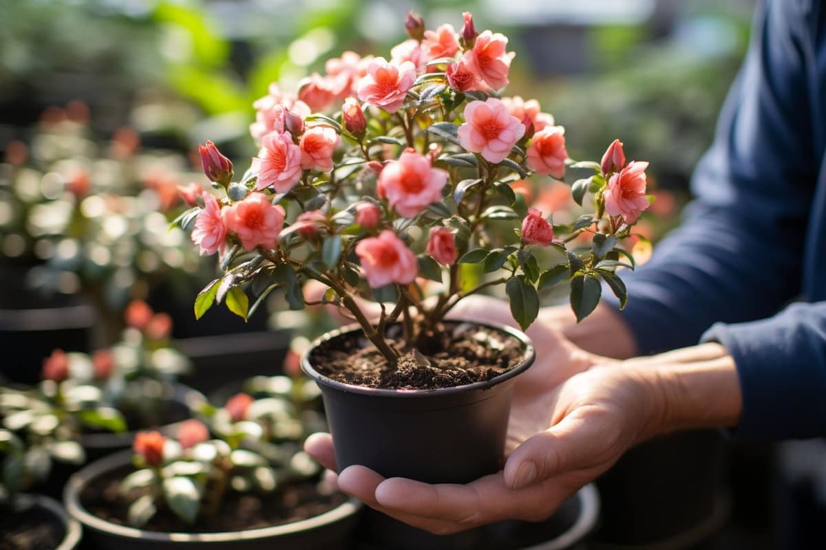 Rosier rose compact dans un grand pot en terre cuite sur balcon