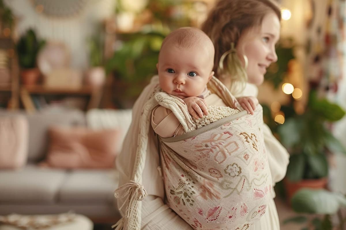 Nourrisson correctement installé contre le torse d’un parent dans un sling.