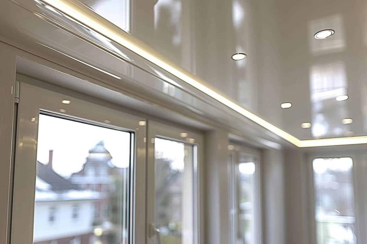Pose de lames PVC blanches collées au plafond avec étais provisoires