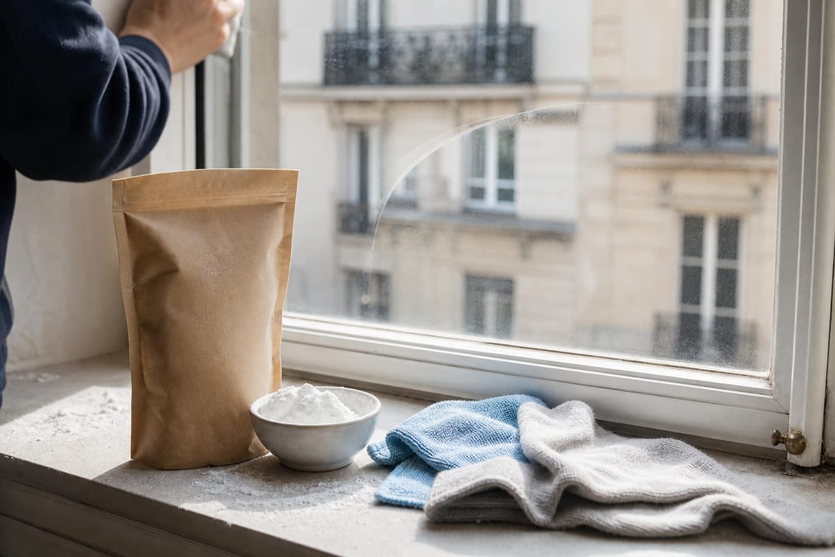 Bol de blanc de Meudon, microfibres et vitre en cours de nettoyage