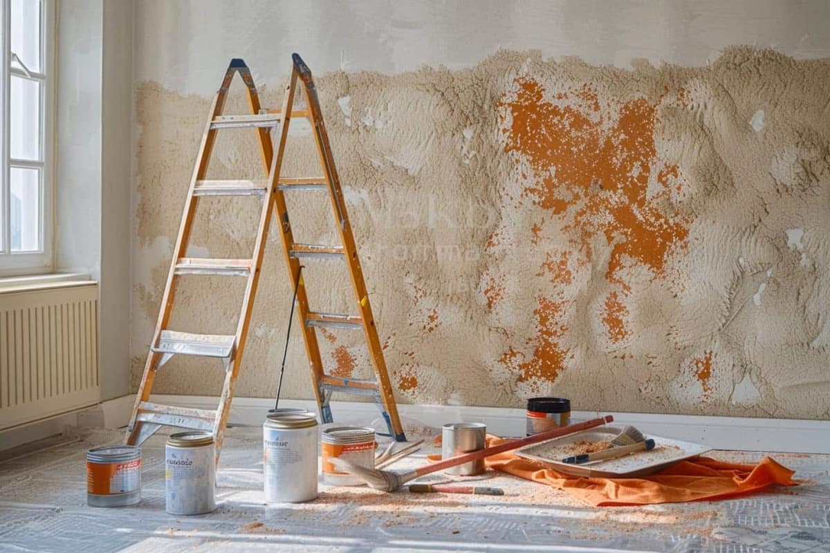 Mur intérieur rebouché et poncé avant application d’une sous-couche blanche