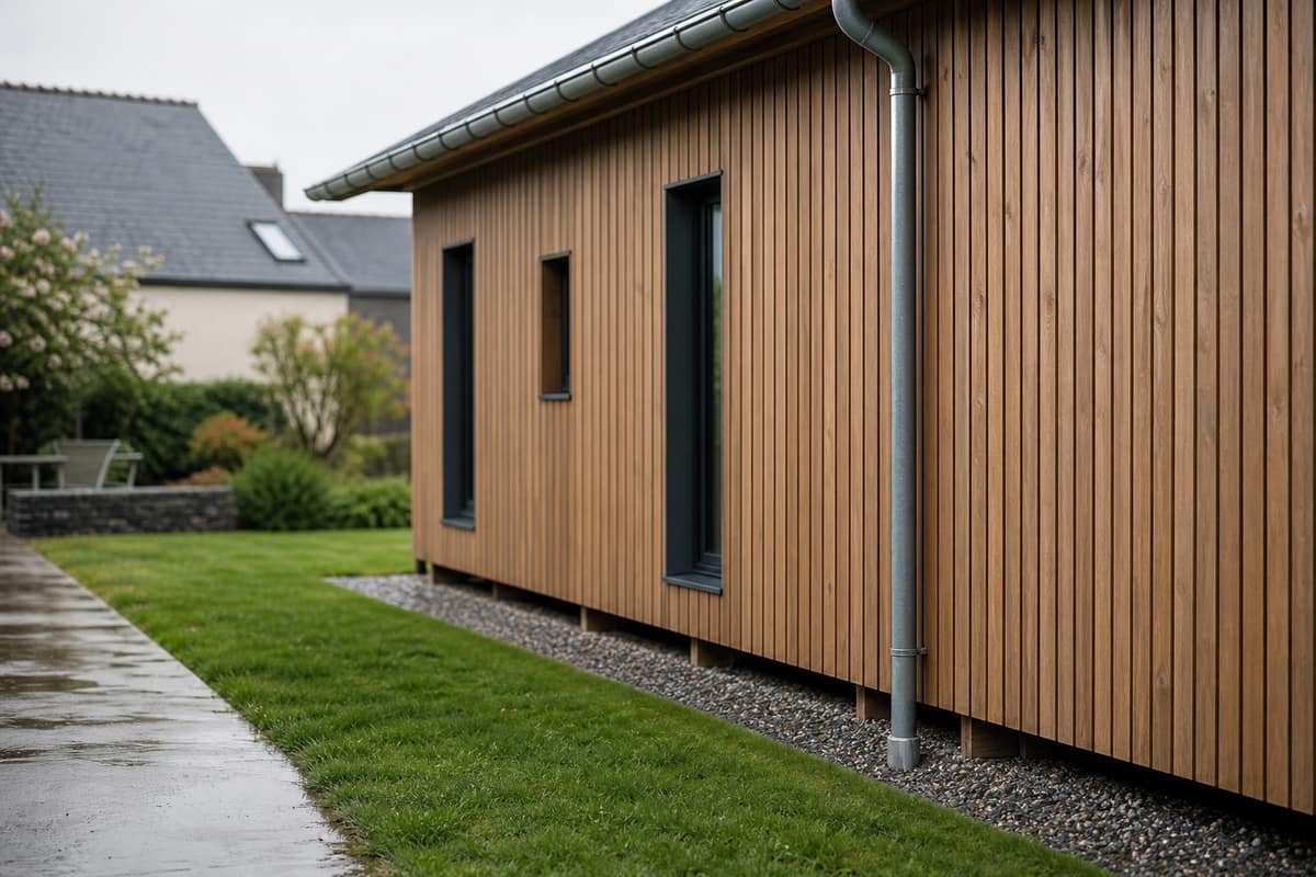 Façade en bardage bois ventilé au-dessus d’un sol drainé