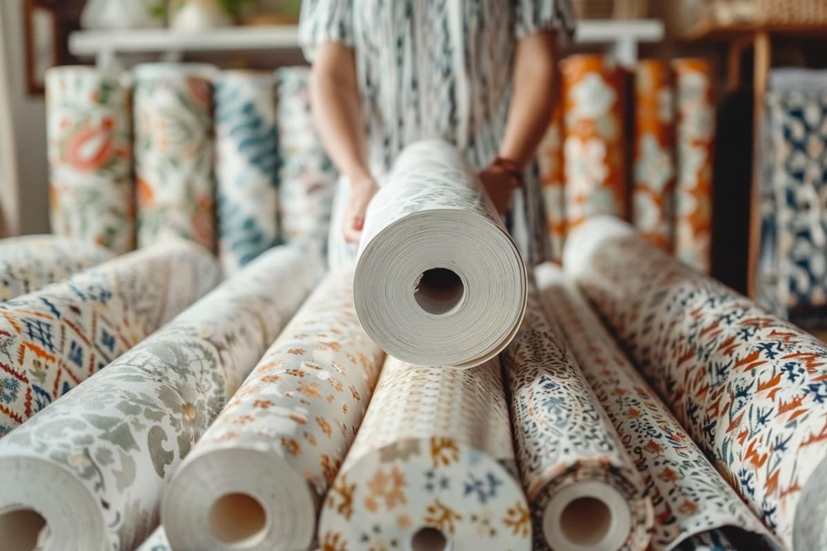 Mur d’accent tapissé dans un salon lumineux avec rouleaux et outils