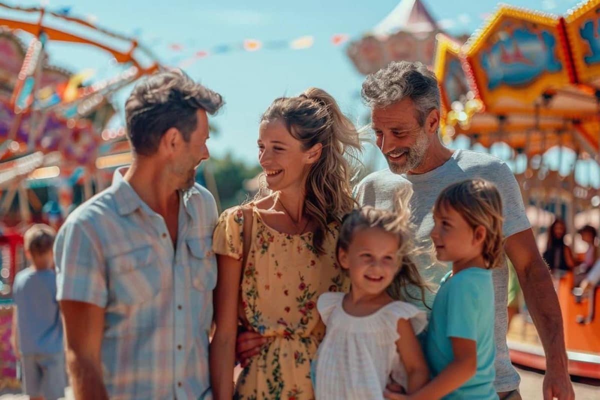 Allée arborée du Jardin d’Acclimatation avec manèges flous et sac familial