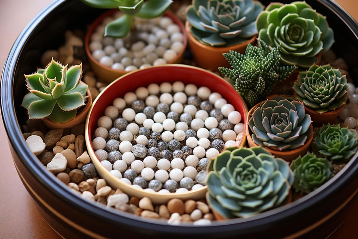Jardin zen miniature en sable et pierres sur un bureau en bois