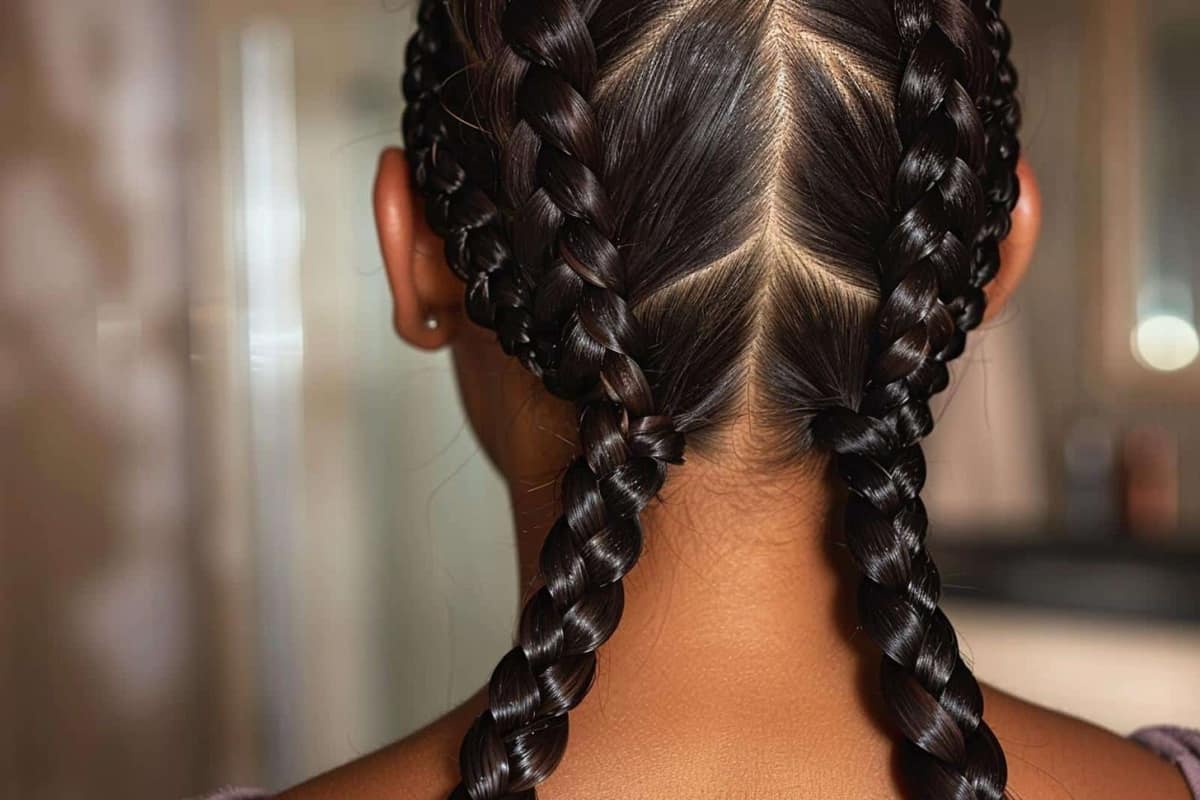 Mains réalisant une tresse plaquée nette sur des cheveux châtains mi-longs