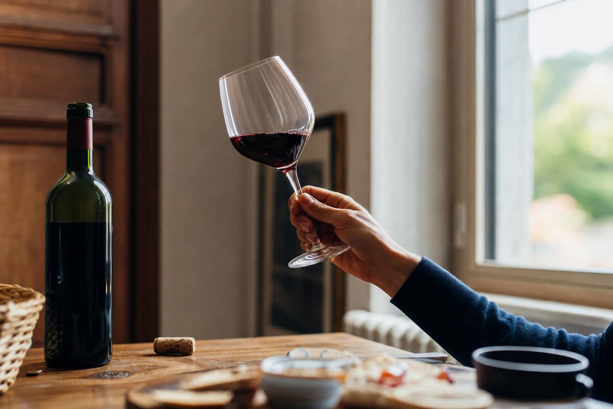Verre de vin rouge observé à la lumière naturelle près d'une bouteille