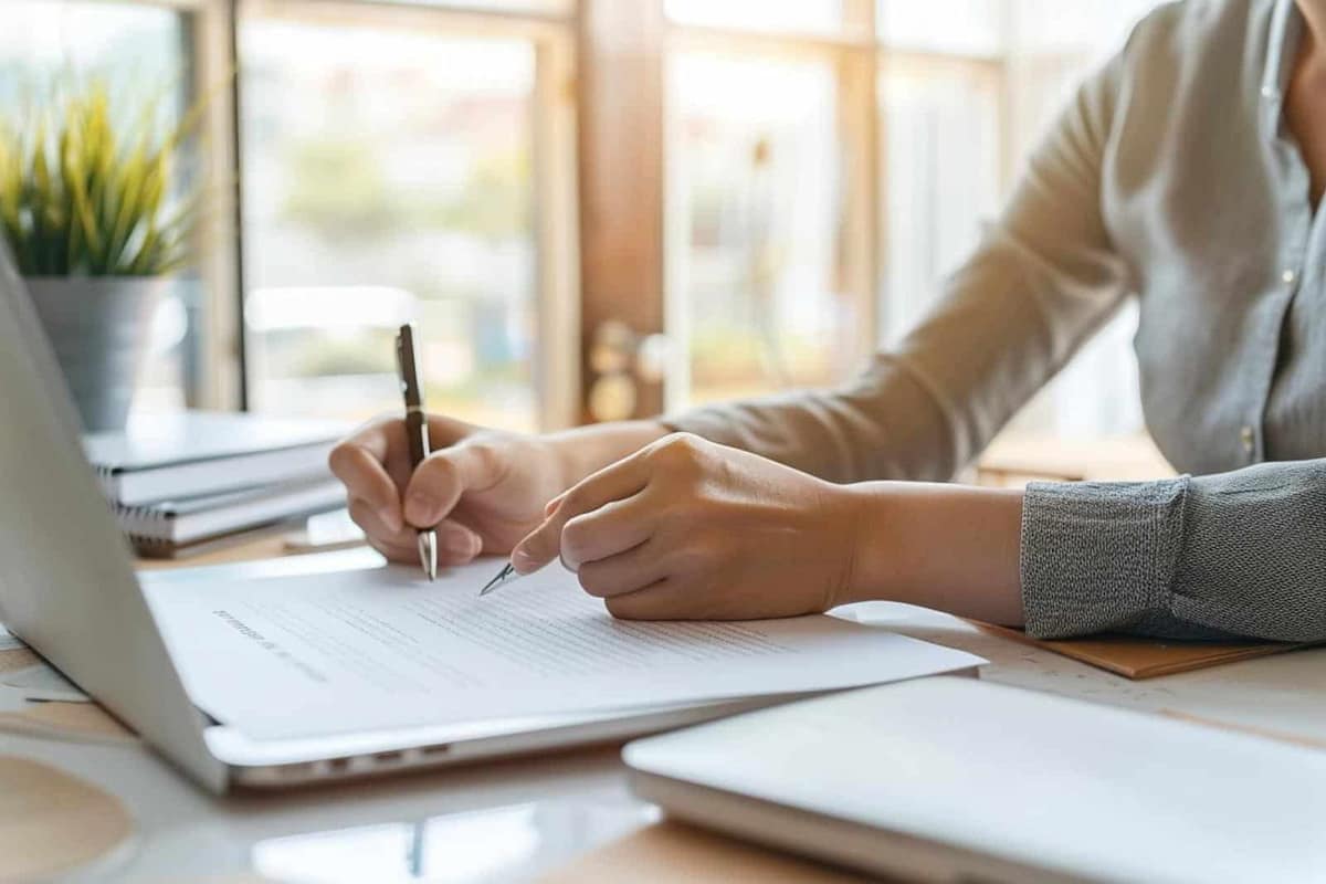Mains relisant une lettre de motivation anglaise sur ordinateur portable