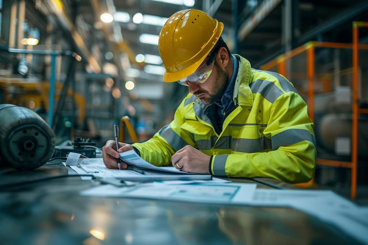Rapport de sécurité sur clipboard près d’une zone de travail balisée