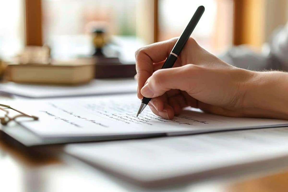 Main écrivant un testament manuscrit sur une feuille blanche avec stylo noir