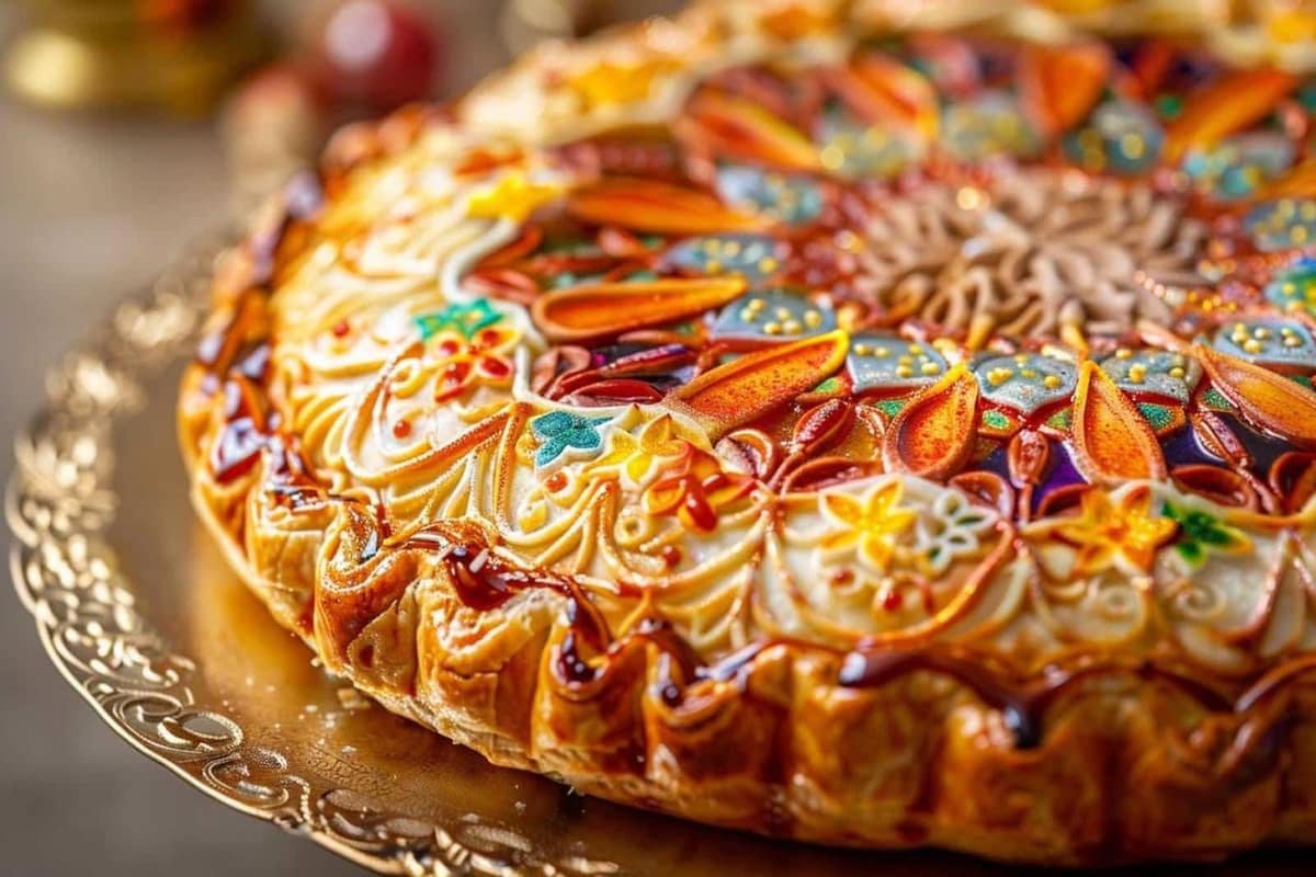 Galette des rois dorée décorée d’une rosace, d’orange confite et d’or alimentaire