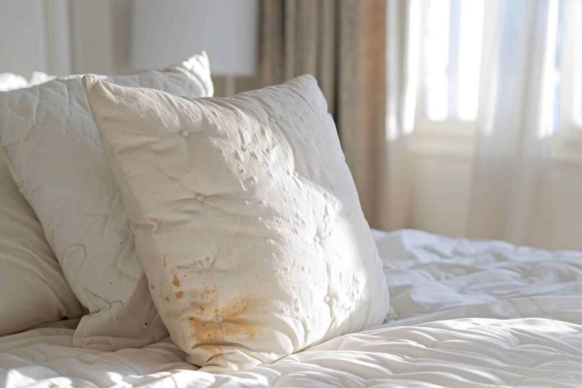 Oreiller blanc jauni posé près d’un protège-oreiller zippé sur un lit
