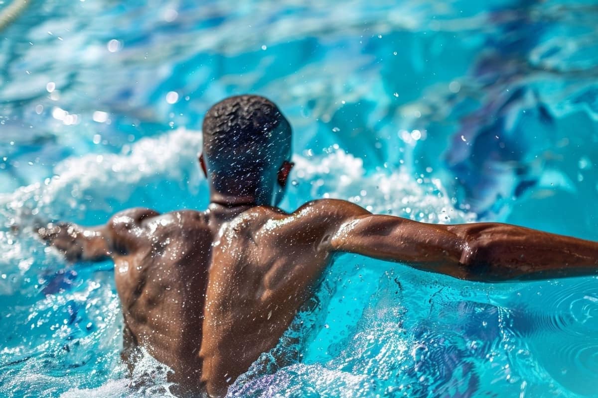 Nageur en crawl dans une piscine avec planche et palmes au bord