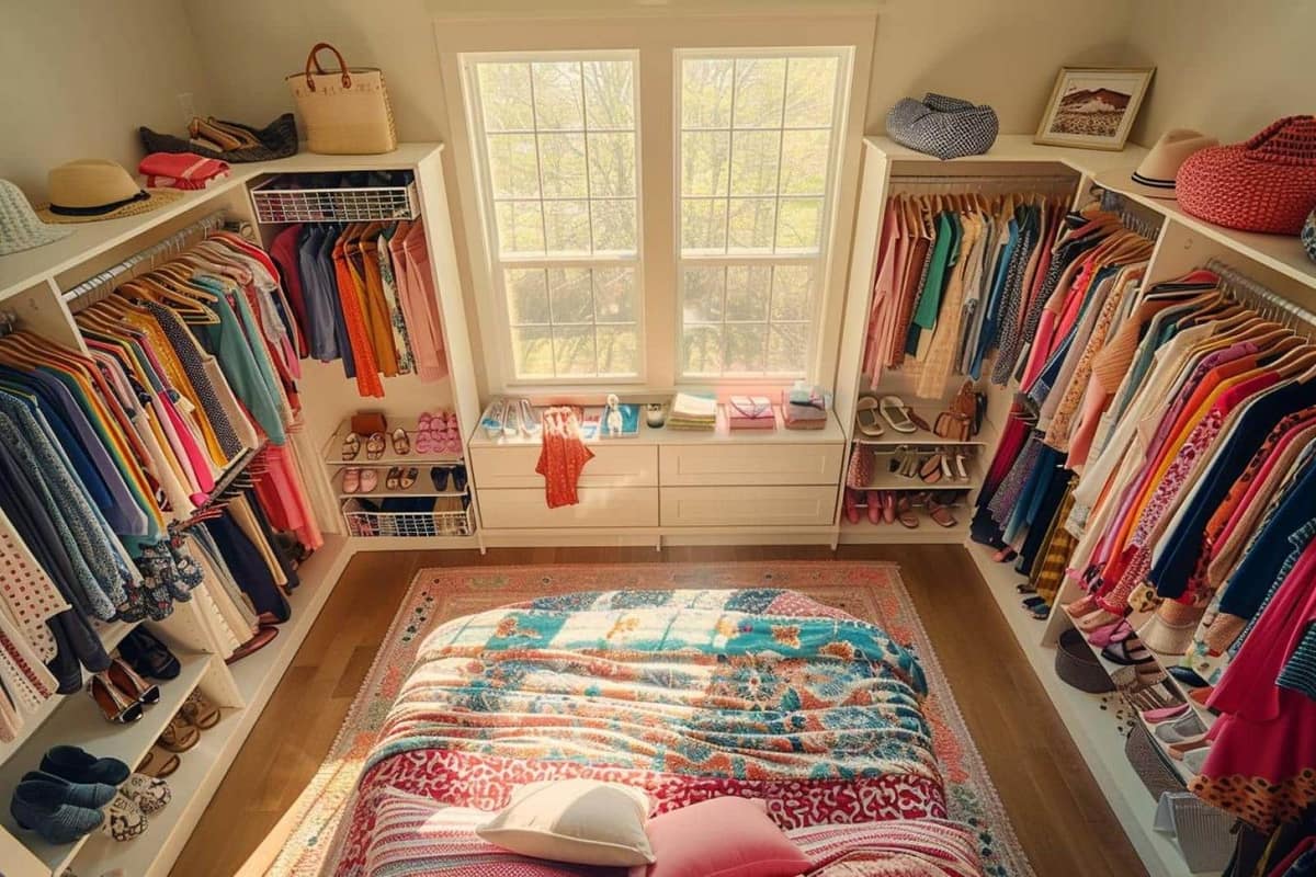 Dressing en bois organisé avec vêtements pliés, cintres et chaussures alignées
