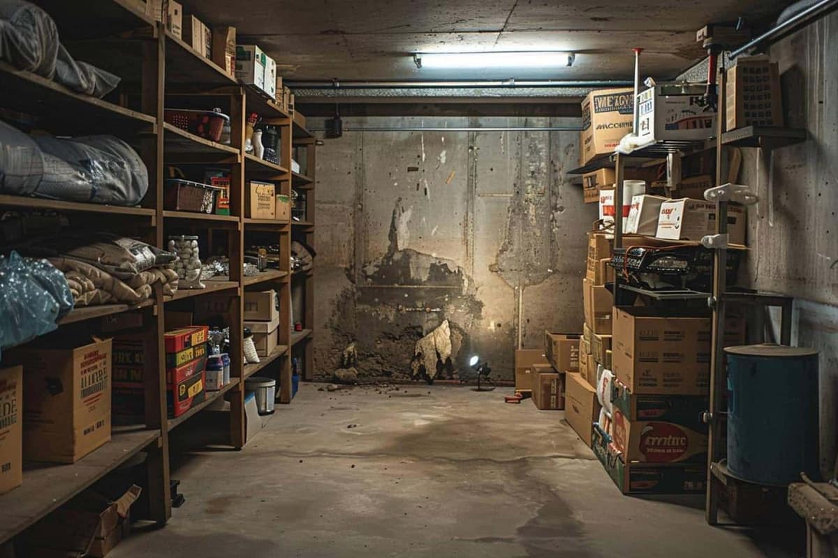 Cave rénovée avec traces d’humidité au pied d’un mur et tuyaux apparents