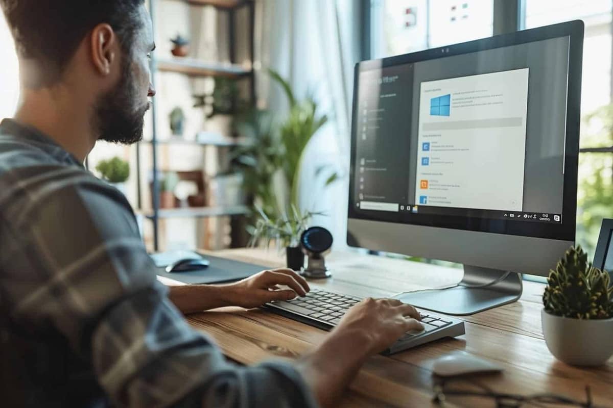 Ordinateur portable avec clé USB de récupération sur un bureau familial