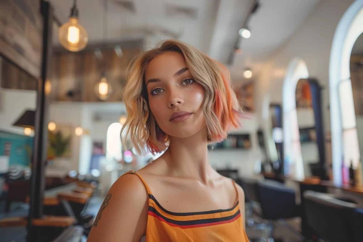 Coupe pixie blonde beige texturée avec racines fondues dans un salon lumineux