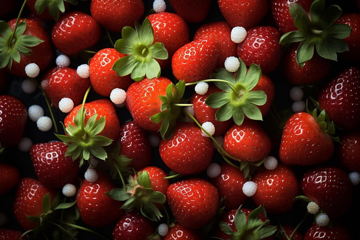 Fraises mûres sur paillage de paille dans un potager ensoleillé
