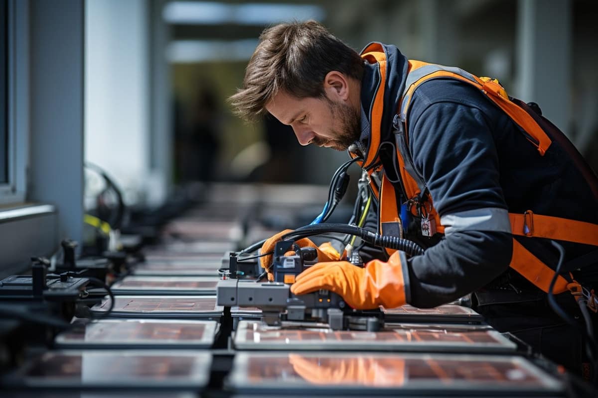 Pose de carreaux en grès cérame avec croisillons et niveau sur sol préparé