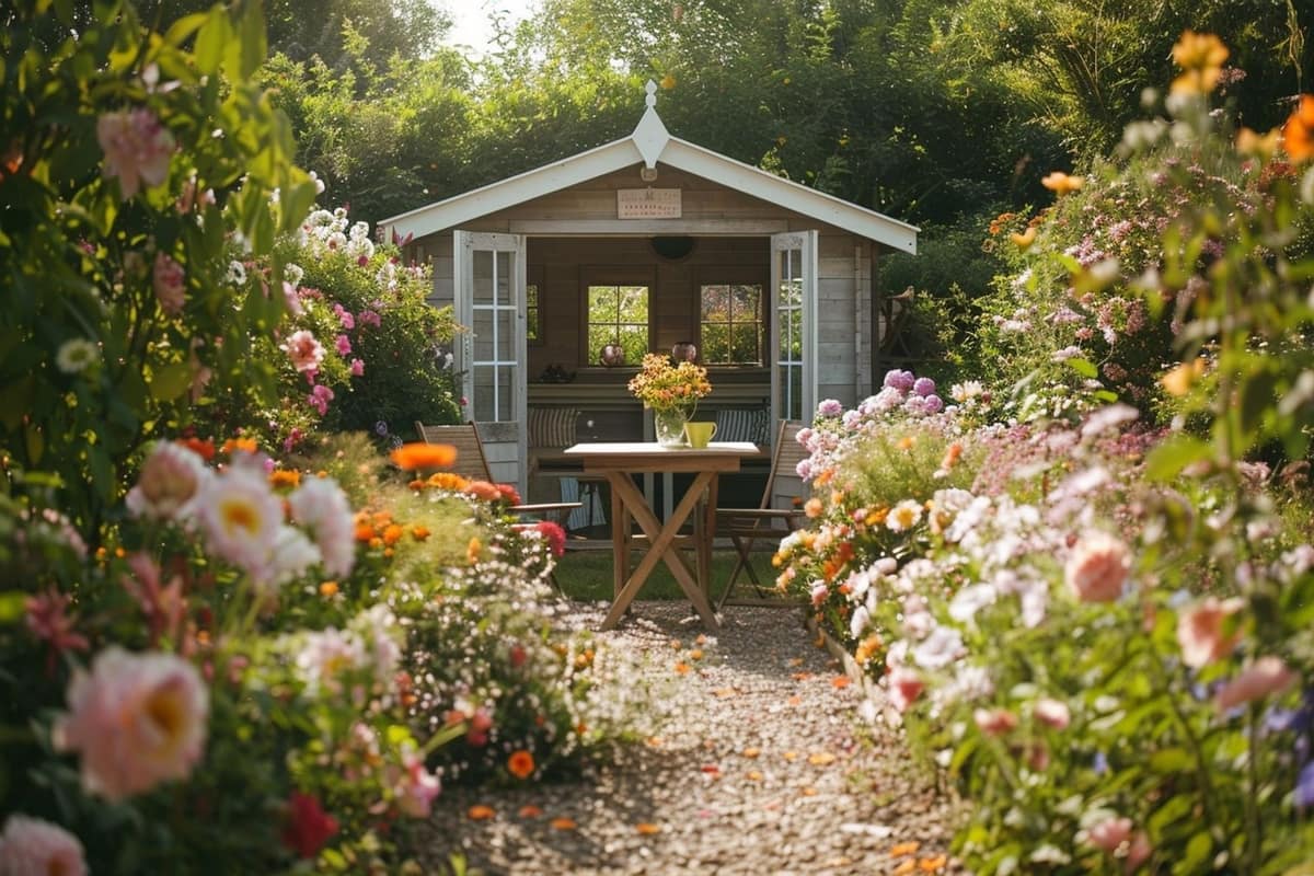 Abri de jardin en bois grisé entouré de graminées, pots et allée gravillonnée