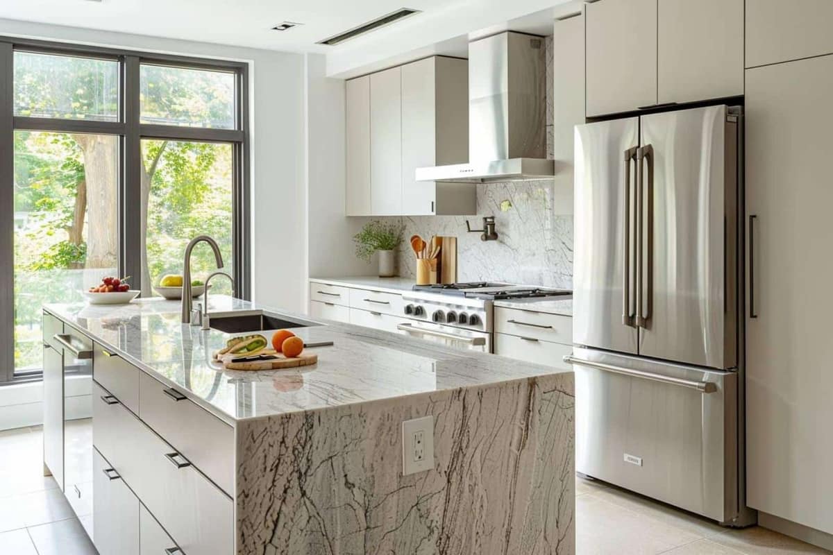 Cuisine lumineuse avec plan dégagé, façades beige mat et détails en inox