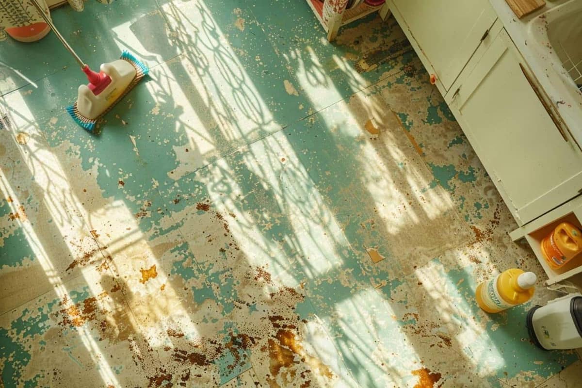 Serpillière microfibre sur un sol en linoléum mat fraîchement restauré